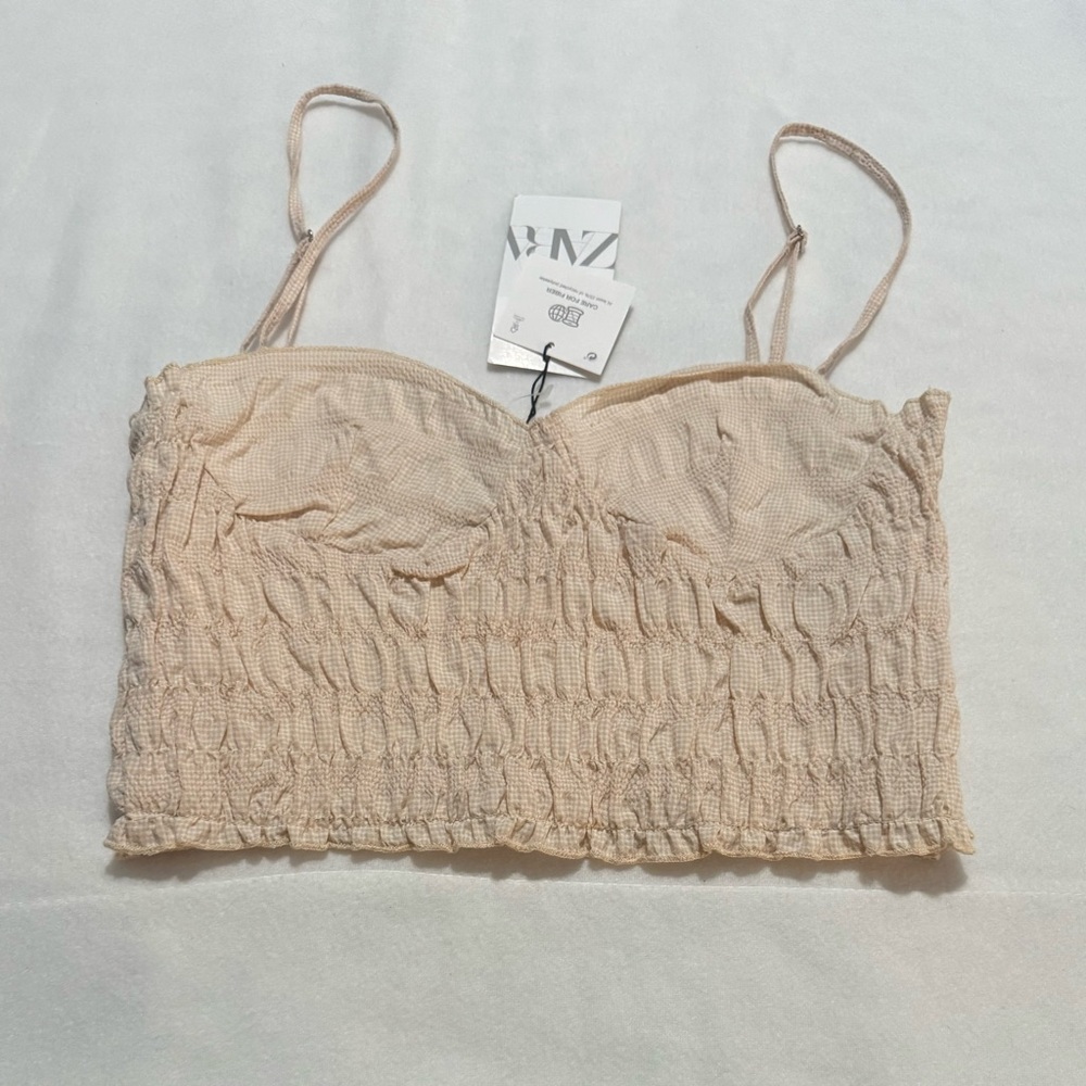 Biege smocked Crop top With zipper on the side